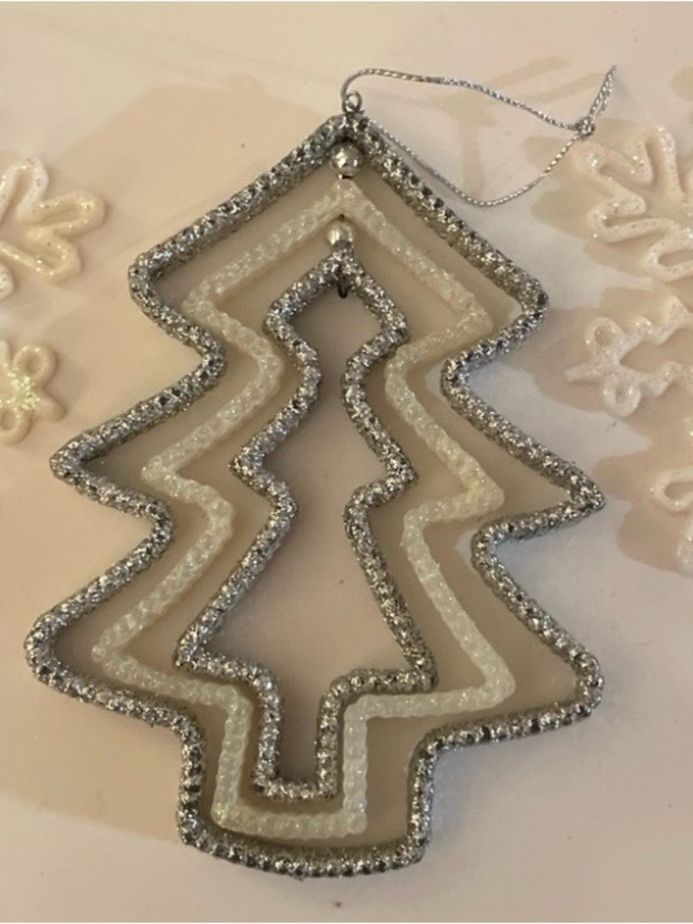 Silver Christmas Tree & 2 White Snowflake Christmas Ornaments